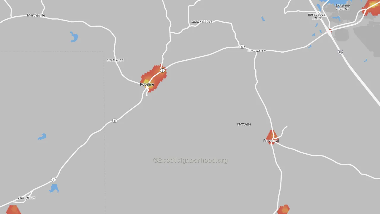 Walk Grade map of 71469, LA, walkable areas in green and car-dependent areas in red
