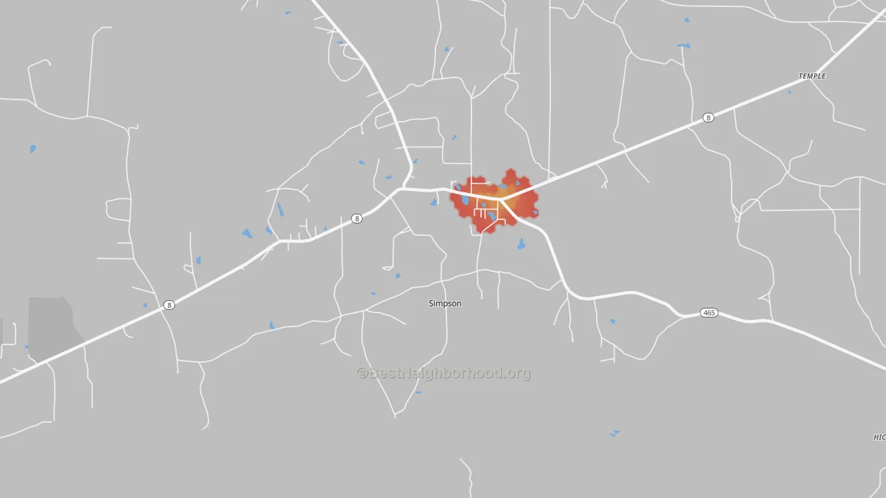 Walk Grade map of 71474, LA, walkable areas in green and car-dependent areas in red