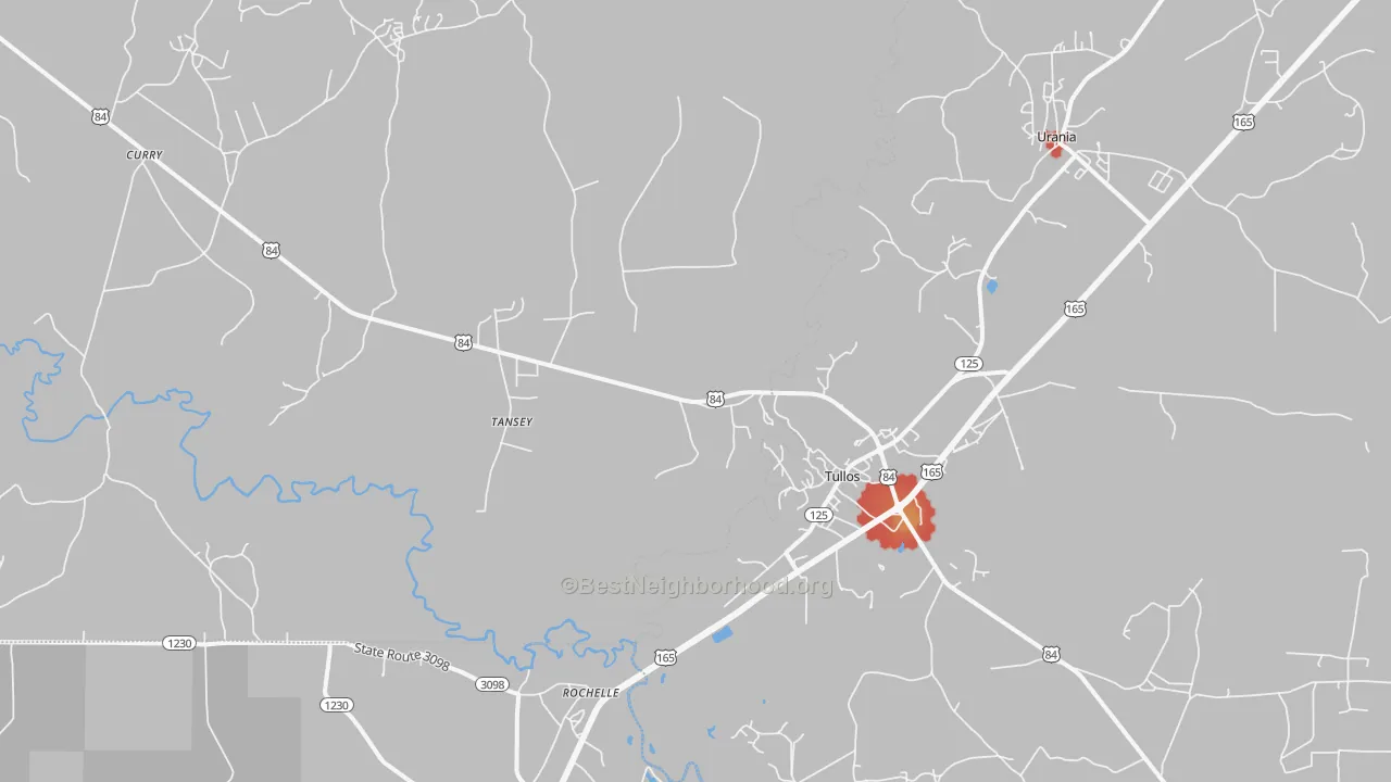Walk Grade map of 71479, LA, walkable areas in green and car-dependent areas in red