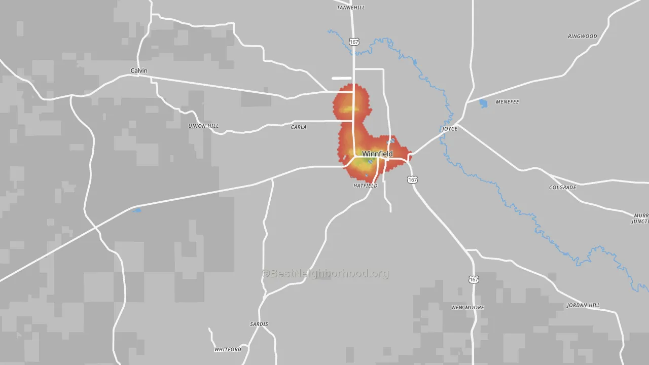 Walk Grade map of 71483, LA, walkable areas in green and car-dependent areas in red