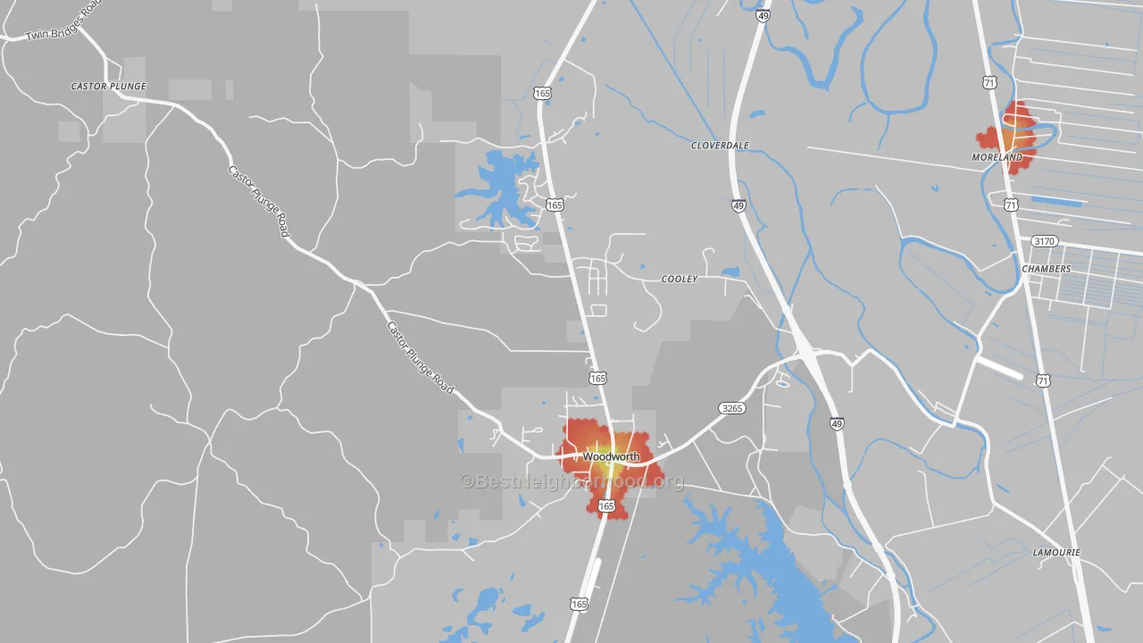 Walk Grade map of 71485, LA, walkable areas in green and car-dependent areas in red