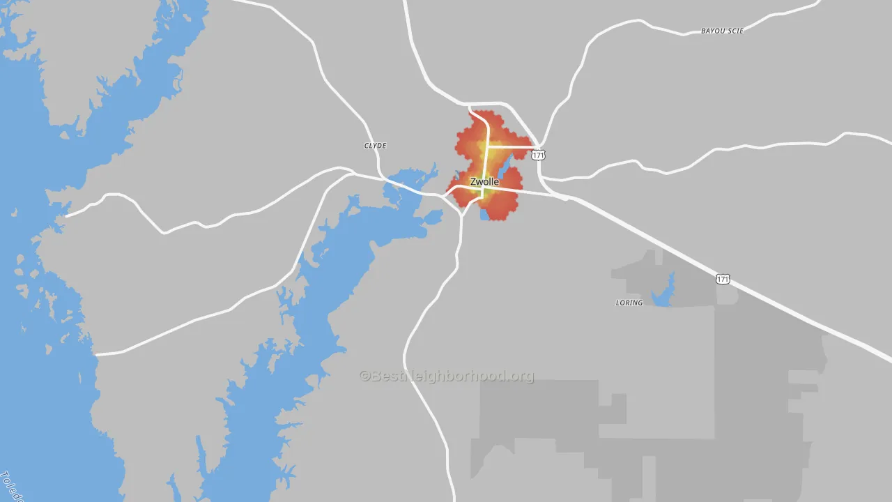 Walk Grade map of 71486, LA, walkable areas in green and car-dependent areas in red