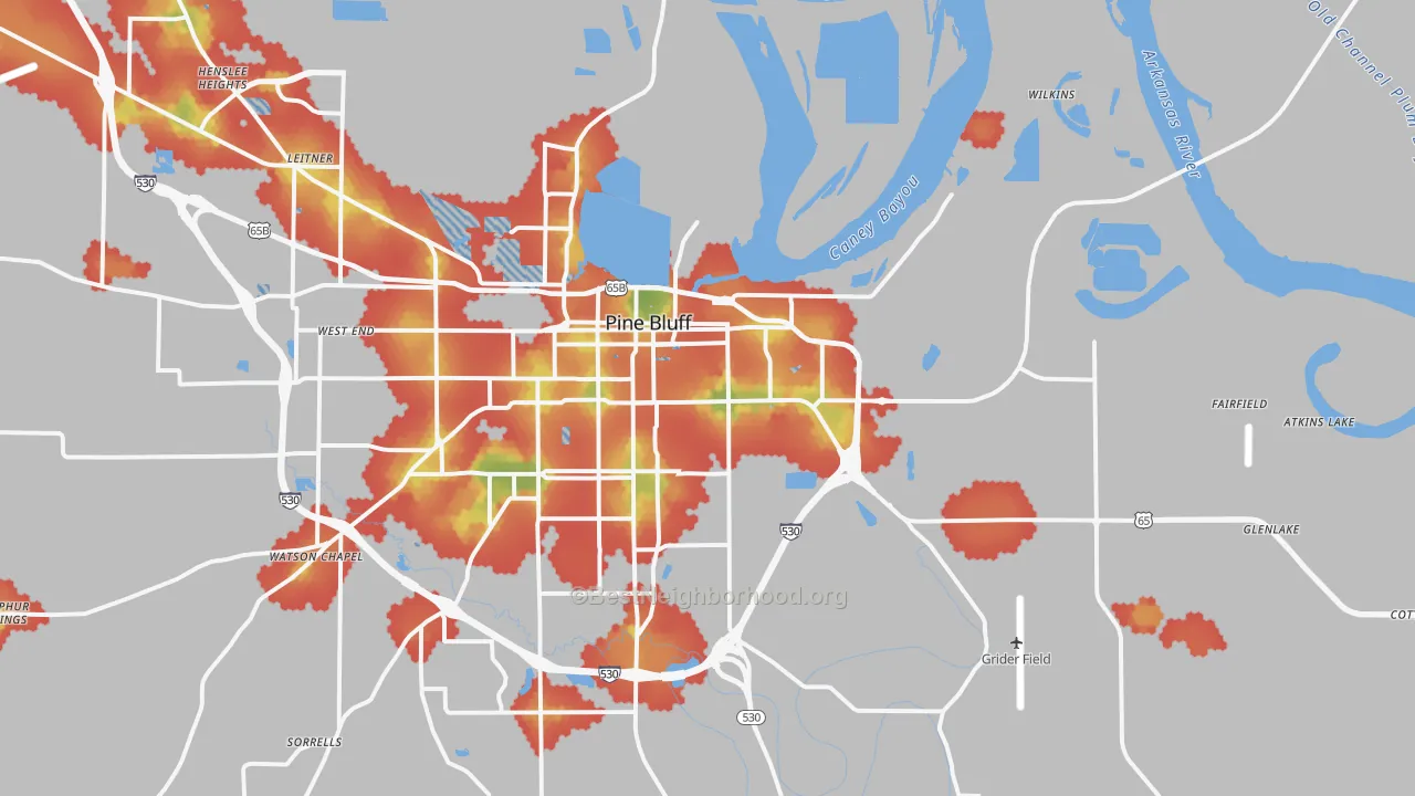 Walk Grade map of 71601, AR, walkable areas in green and car-dependent areas in red