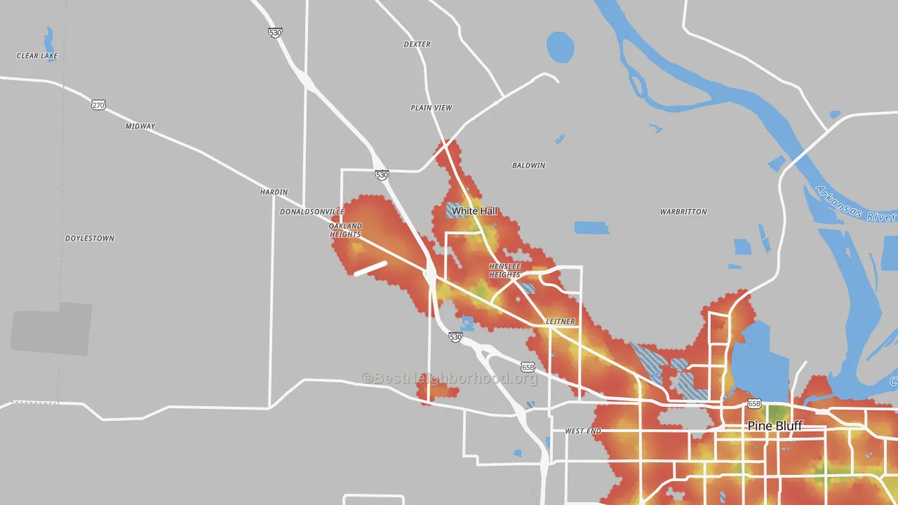 Walk Grade map of 71602, AR, walkable areas in green and car-dependent areas in red