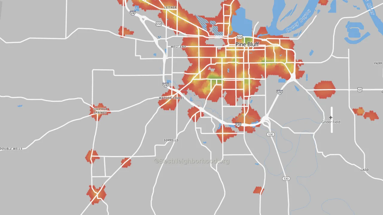 Walk Grade map of 71603, AR, walkable areas in green and car-dependent areas in red