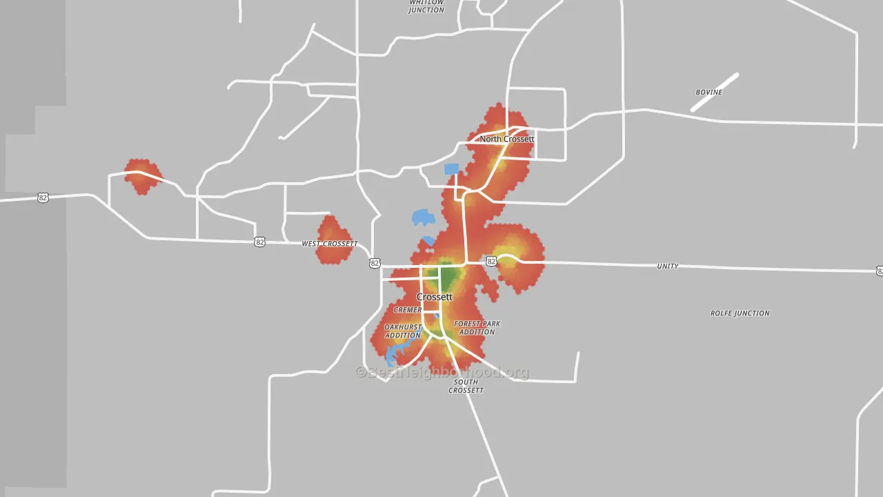 Walk Grade map of 71635, AR, walkable areas in green and car-dependent areas in red