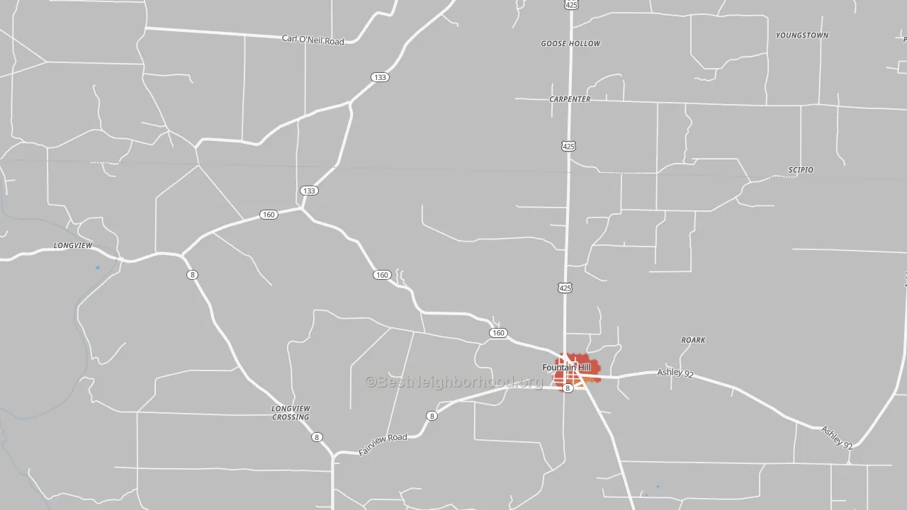 Walk Grade map of 71642, AR, walkable areas in green and car-dependent areas in red