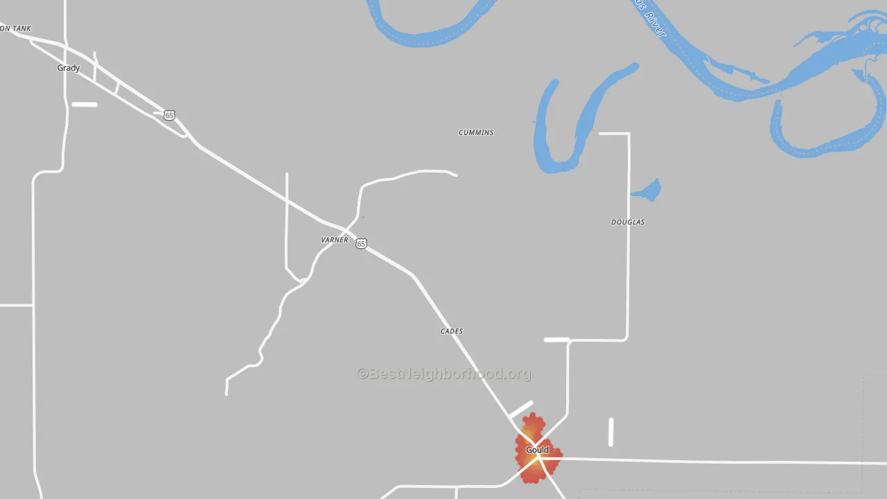 Walk Grade map of 71643, AR, walkable areas in green and car-dependent areas in red