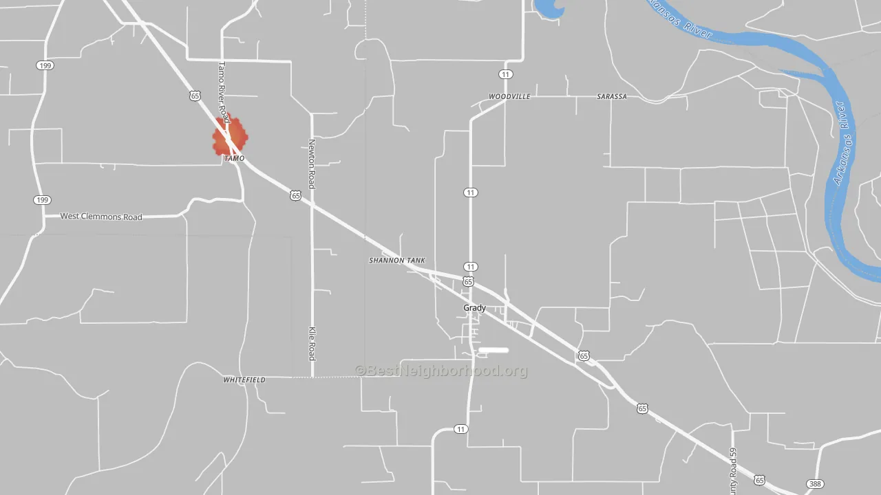 Walk Grade map of 71644, AR, walkable areas in green and car-dependent areas in red