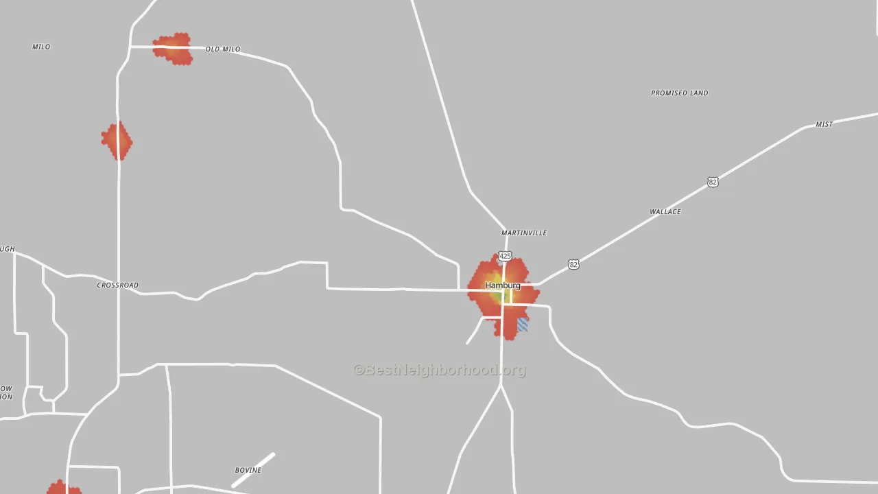 Walk Grade map of 71646, AR, walkable areas in green and car-dependent areas in red