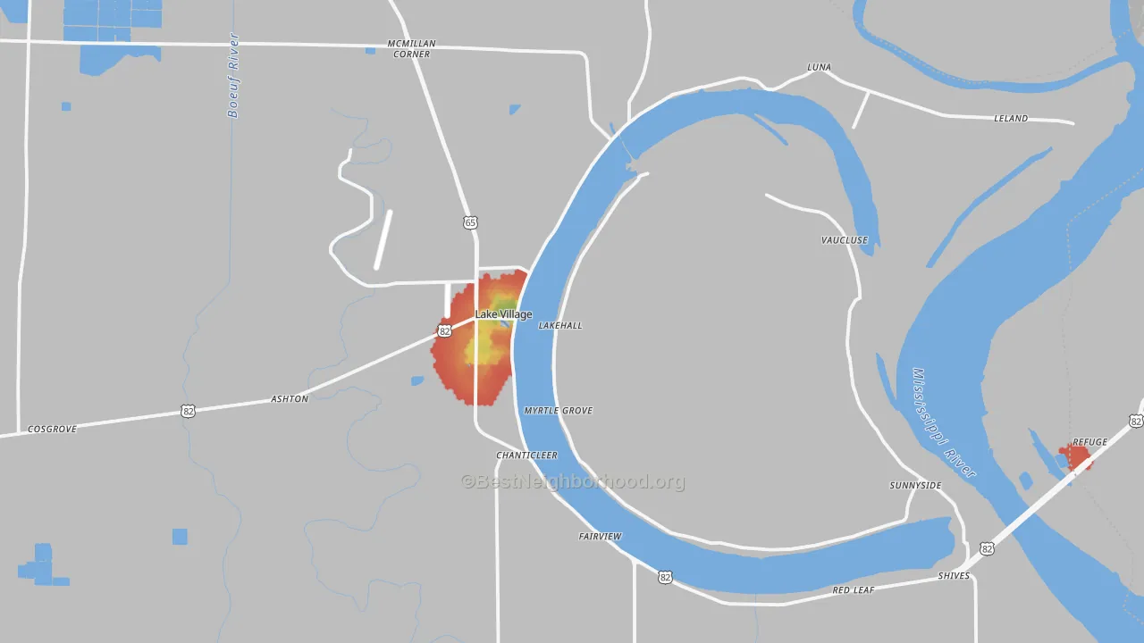 Walk Grade map of 71653, AR, walkable areas in green and car-dependent areas in red