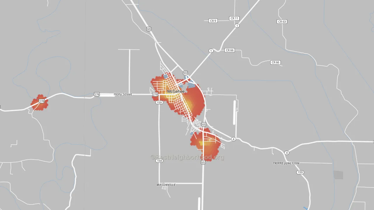 Walk Grade map of 71654, AR, walkable areas in green and car-dependent areas in red