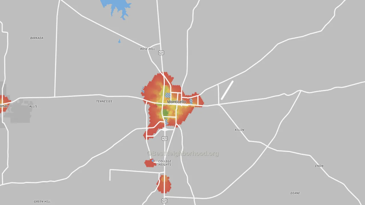 Walk Grade map of 71655, AR, walkable areas in green and car-dependent areas in red