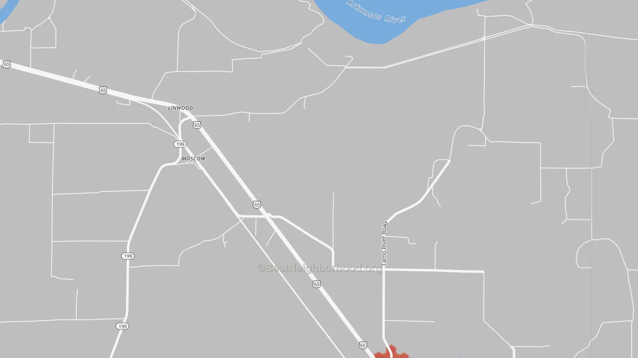 Walk Grade map of 71659, AR, walkable areas in green and car-dependent areas in red