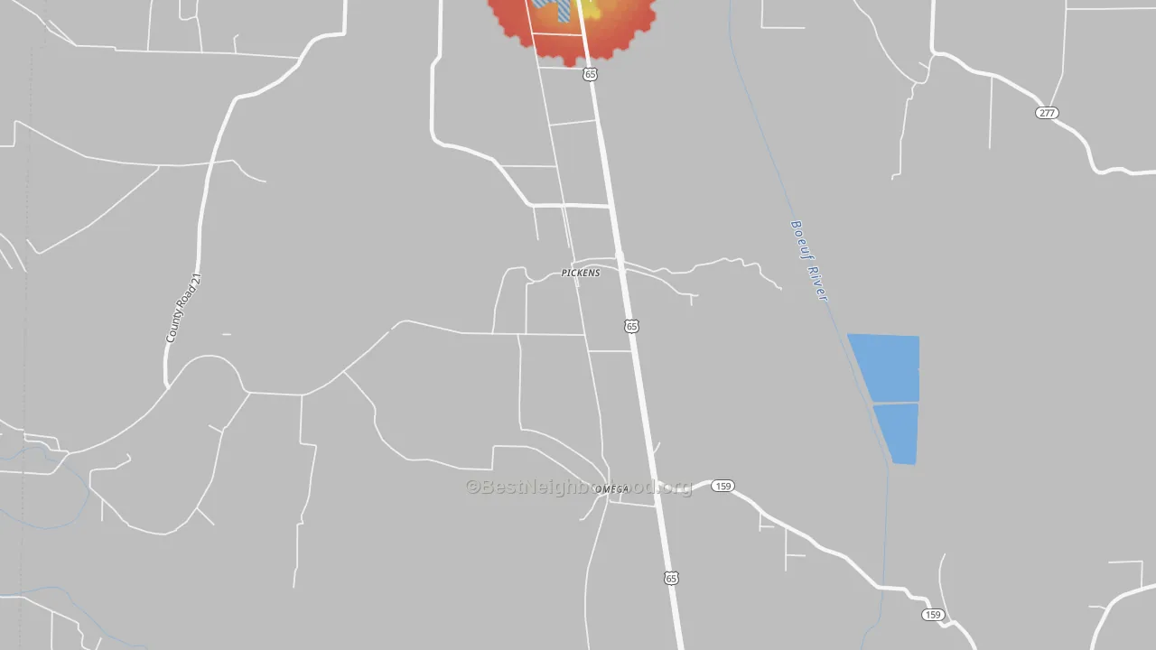Walk Grade map of 71662, AR, walkable areas in green and car-dependent areas in red