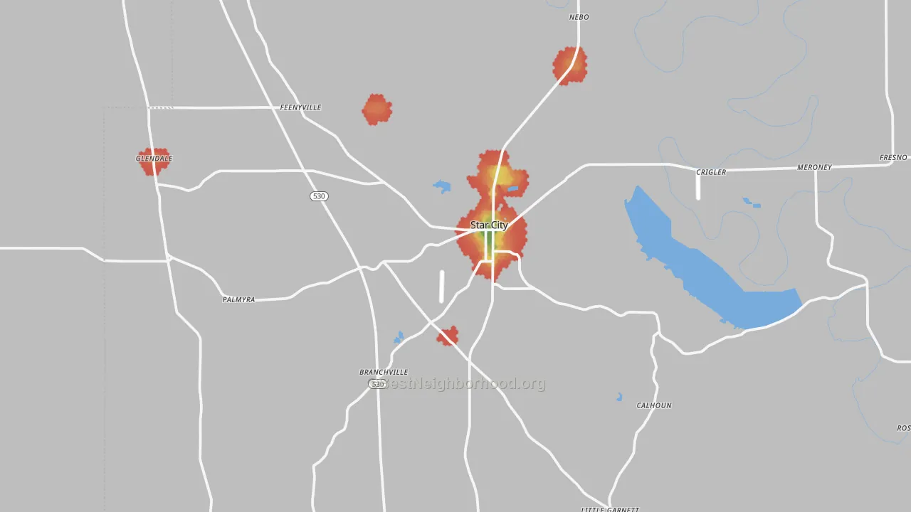 Walk Grade map of 71667, AR, walkable areas in green and car-dependent areas in red