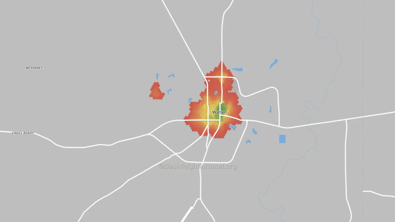 Walk Grade map of 71671, AR, walkable areas in green and car-dependent areas in red