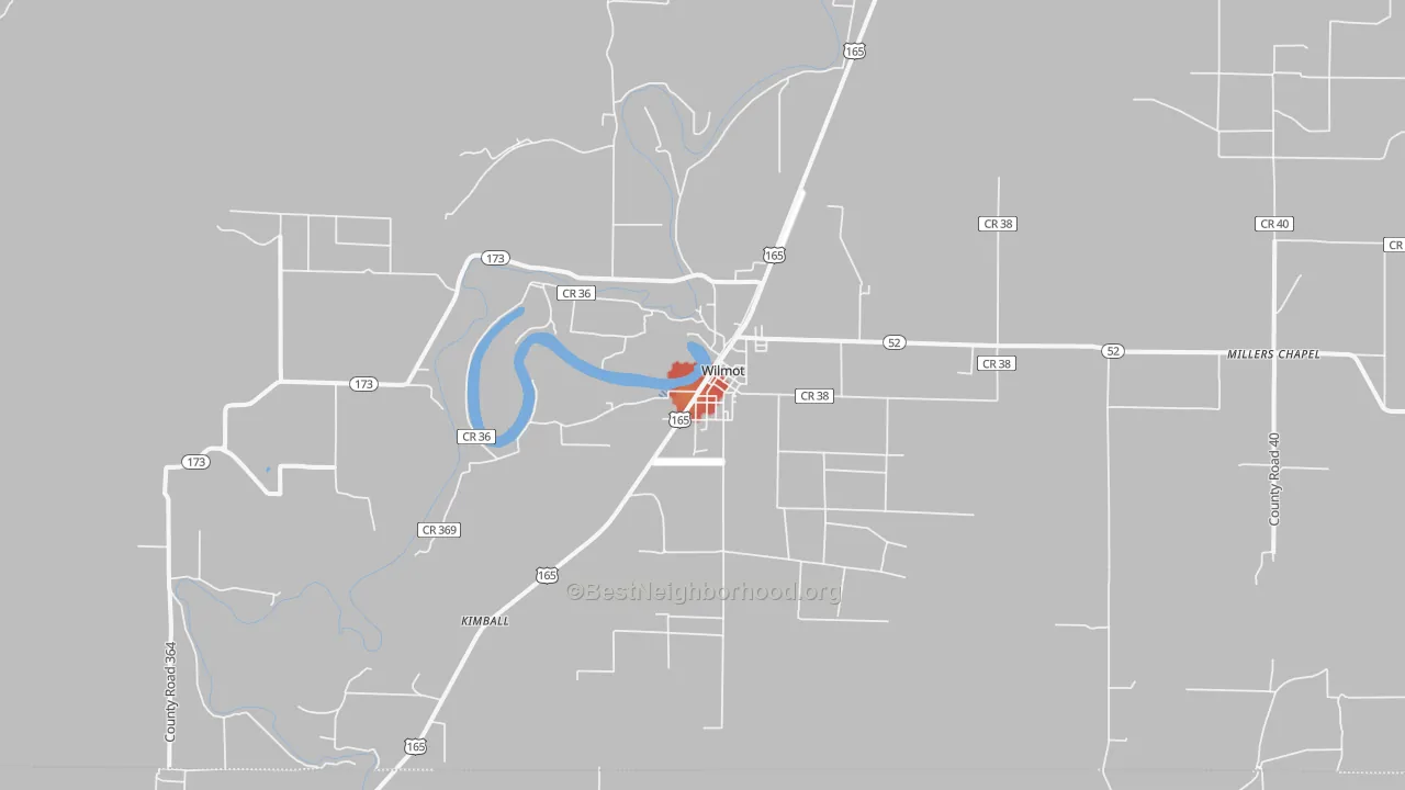 Walk Grade map of 71676, AR, walkable areas in green and car-dependent areas in red
