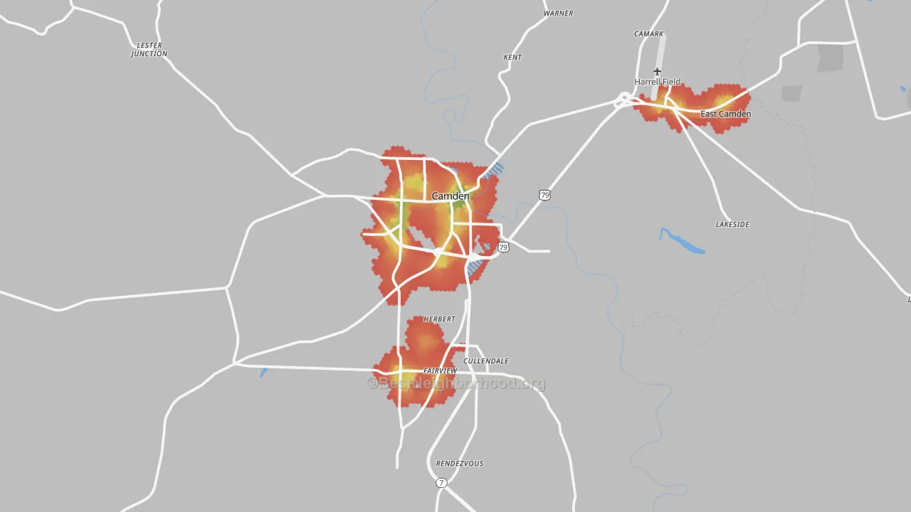 Walk Grade map of 71701, AR, walkable areas in green and car-dependent areas in red