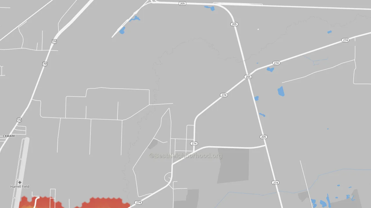Walk Grade map of 71711, AR, walkable areas in green and car-dependent areas in red
