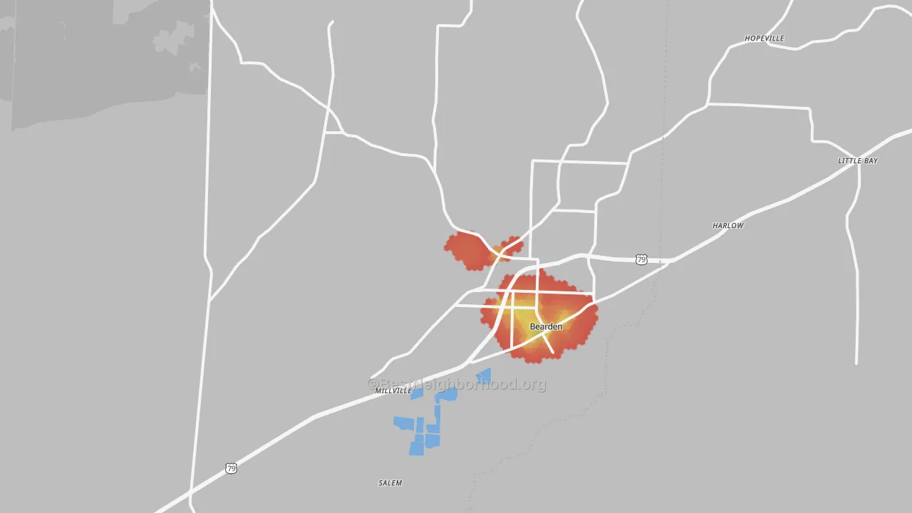 Walk Grade map of 71720, AR, walkable areas in green and car-dependent areas in red