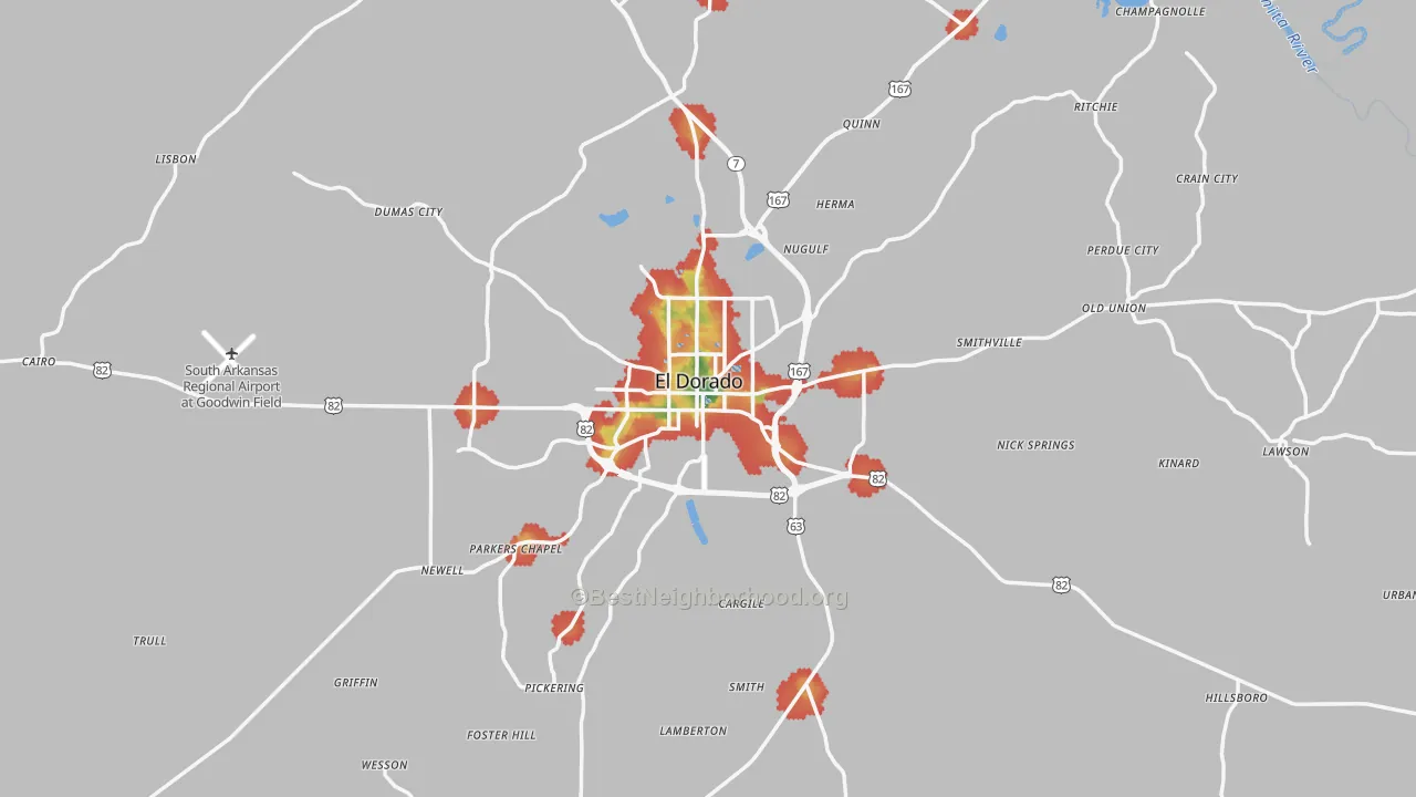 Walk Grade map of 71730, AR, walkable areas in green and car-dependent areas in red