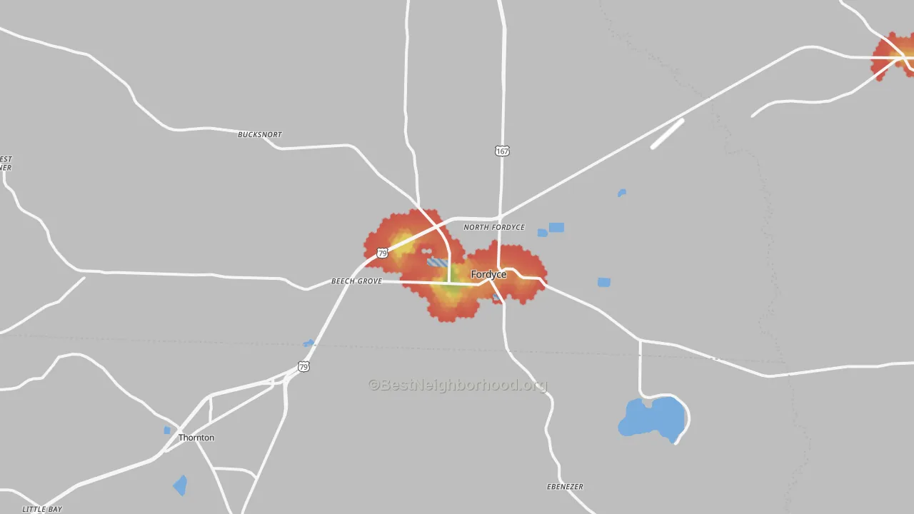 Walk Grade map of 71742, AR, walkable areas in green and car-dependent areas in red