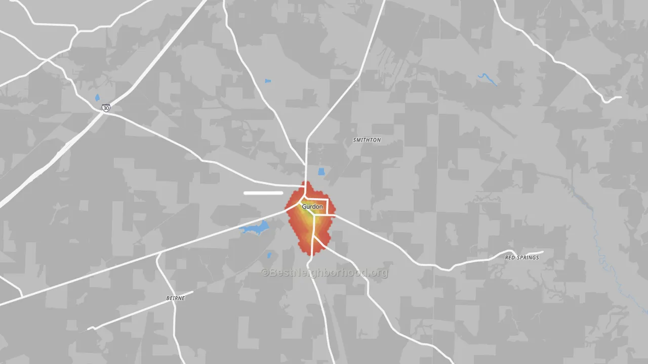 Walk Grade map of 71743, AR, walkable areas in green and car-dependent areas in red