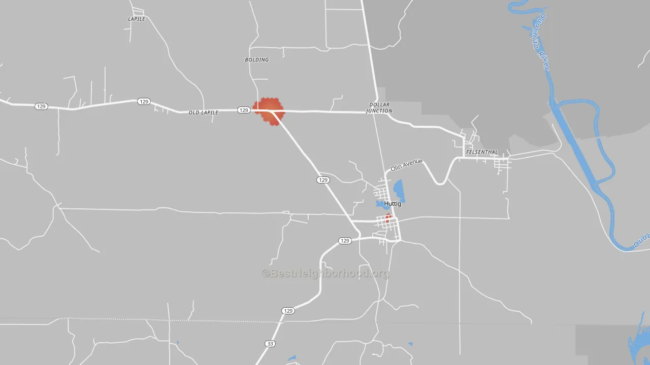 Walk Grade map of 71747, AR, walkable areas in green and car-dependent areas in red