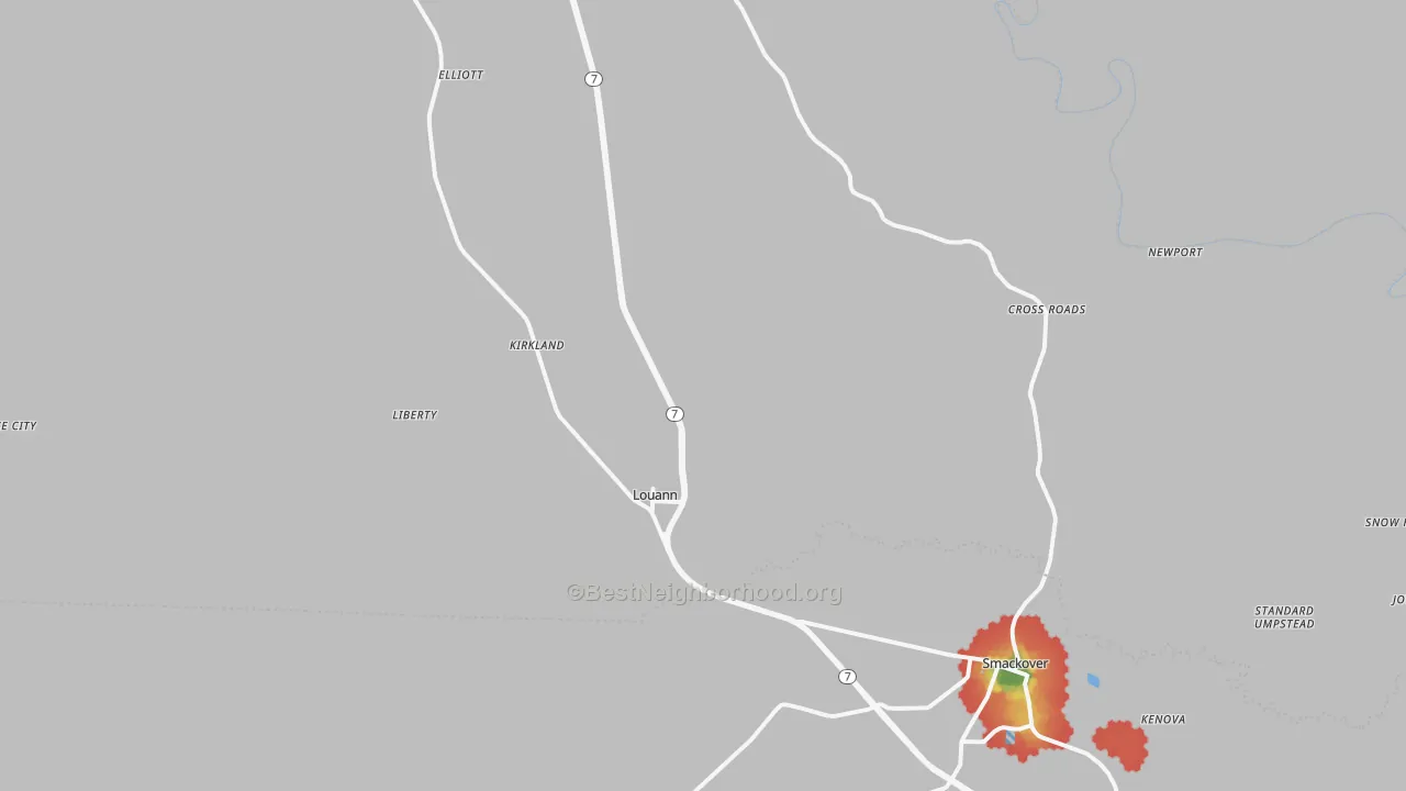 Walk Grade map of 71751, AR, walkable areas in green and car-dependent areas in red