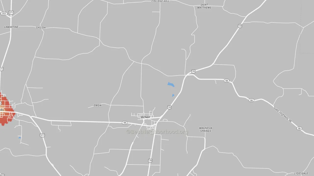 Walk Grade map of 71752, AR, walkable areas in green and car-dependent areas in red