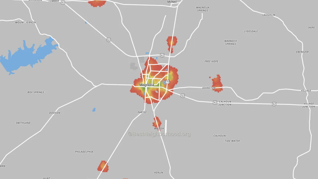 Walk Grade map of 71753, AR, walkable areas in green and car-dependent areas in red