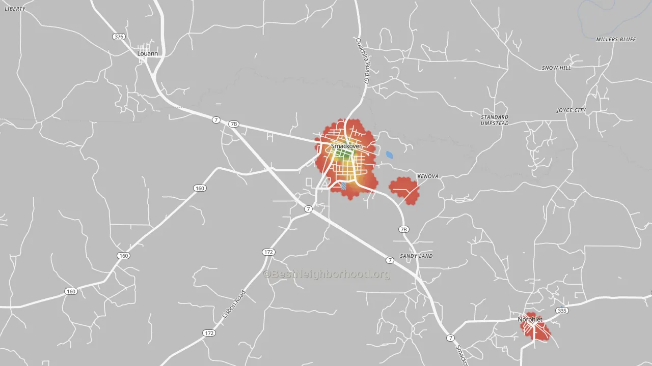 Walk Grade map of 71762, AR, walkable areas in green and car-dependent areas in red