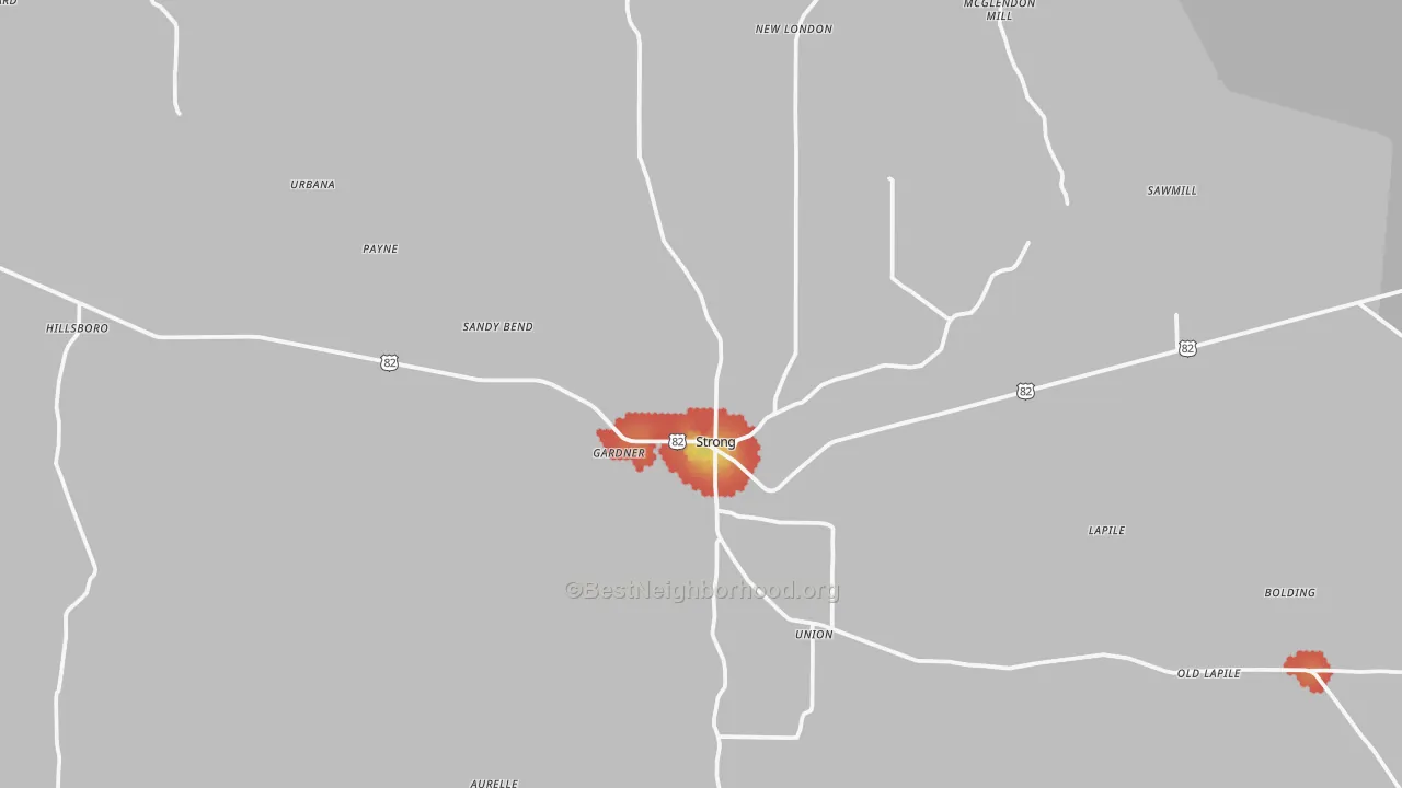 Walk Grade map of 71765, AR, walkable areas in green and car-dependent areas in red