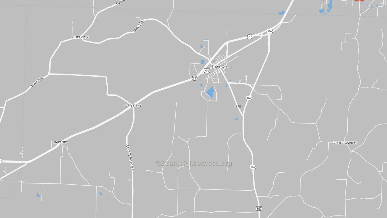 Walk Grade map of 71766, AR, walkable areas in green and car-dependent areas in red