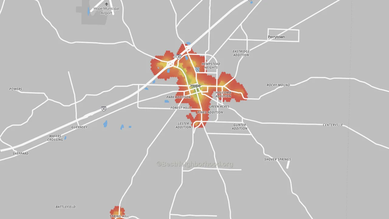 Walk Grade map of 71801, AR, walkable areas in green and car-dependent areas in red