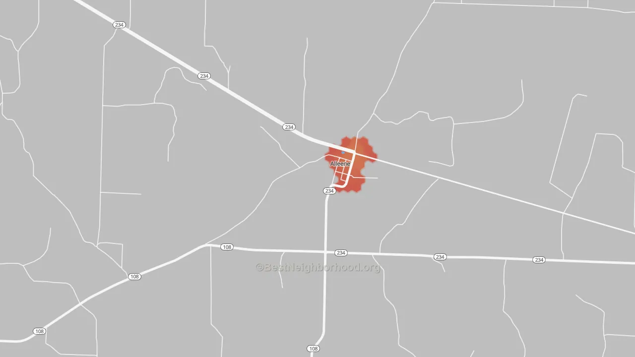 Walk Grade map of 71820, AR, walkable areas in green and car-dependent areas in red