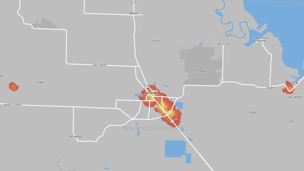 Walk Grade map of 71822, AR, walkable areas in green and car-dependent areas in red