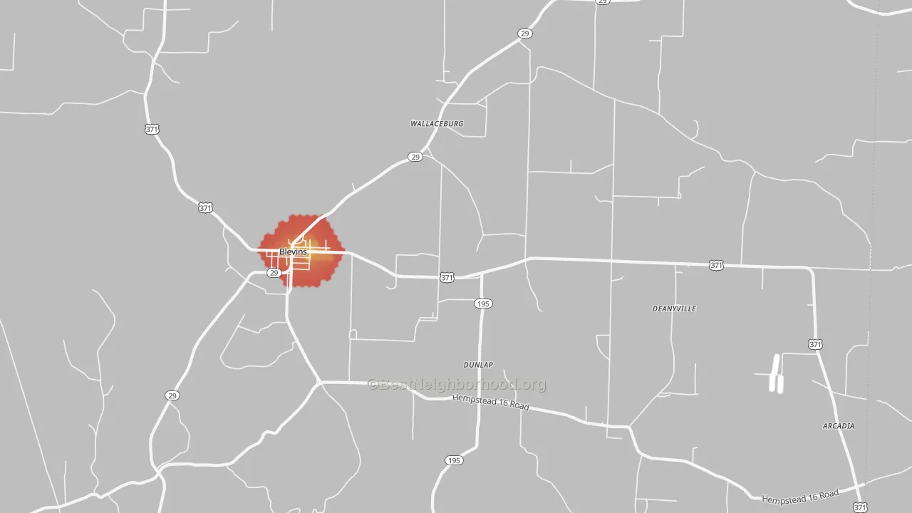 Walk Grade map of 71825, AR, walkable areas in green and car-dependent areas in red