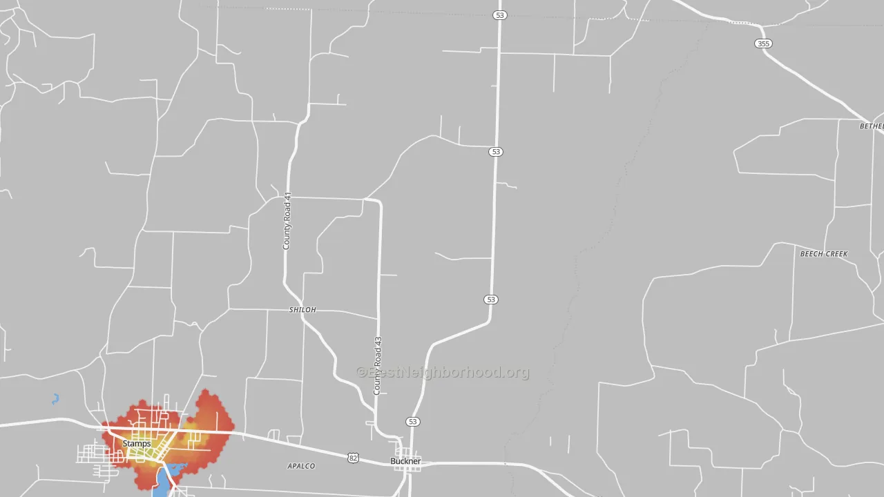 Walk Grade map of 71827, AR, walkable areas in green and car-dependent areas in red