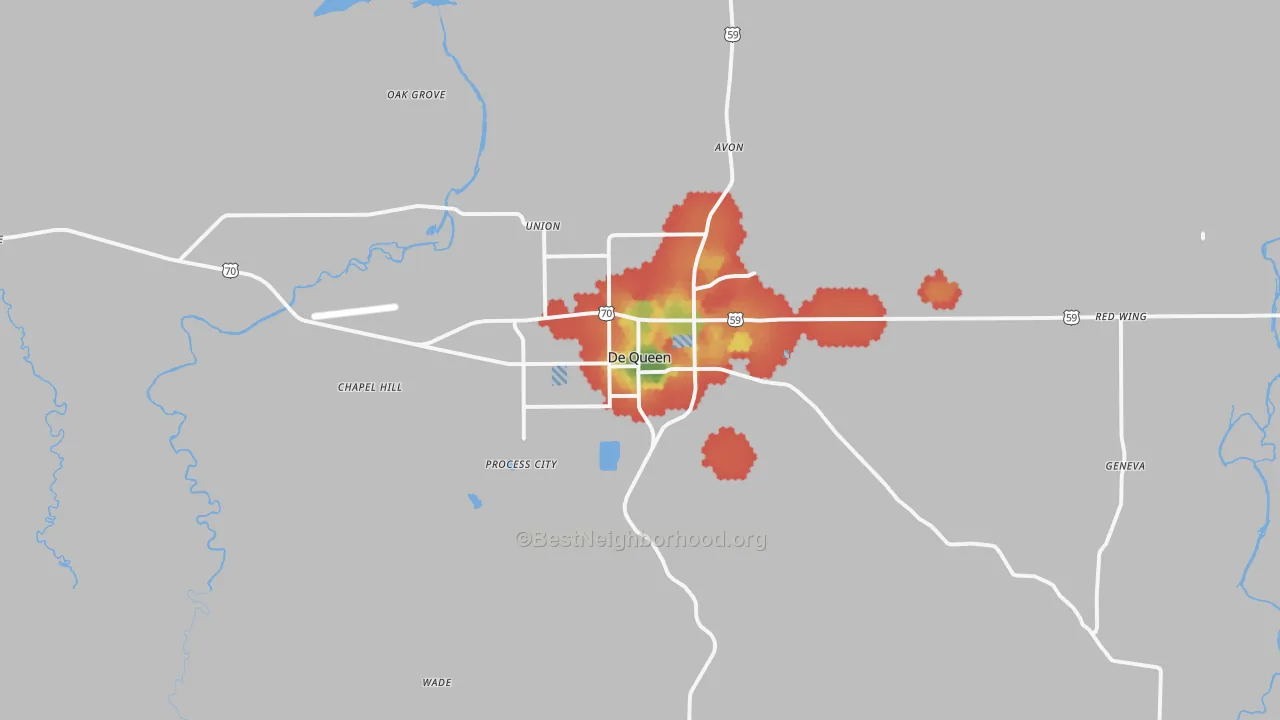 Walk Grade map of 71832, AR, walkable areas in green and car-dependent areas in red