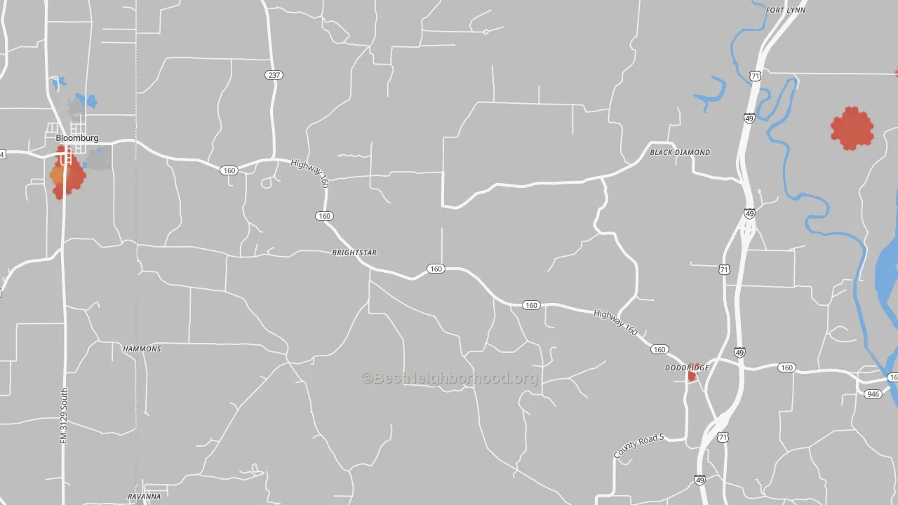 Walk Grade map of 71834, AR, walkable areas in green and car-dependent areas in red