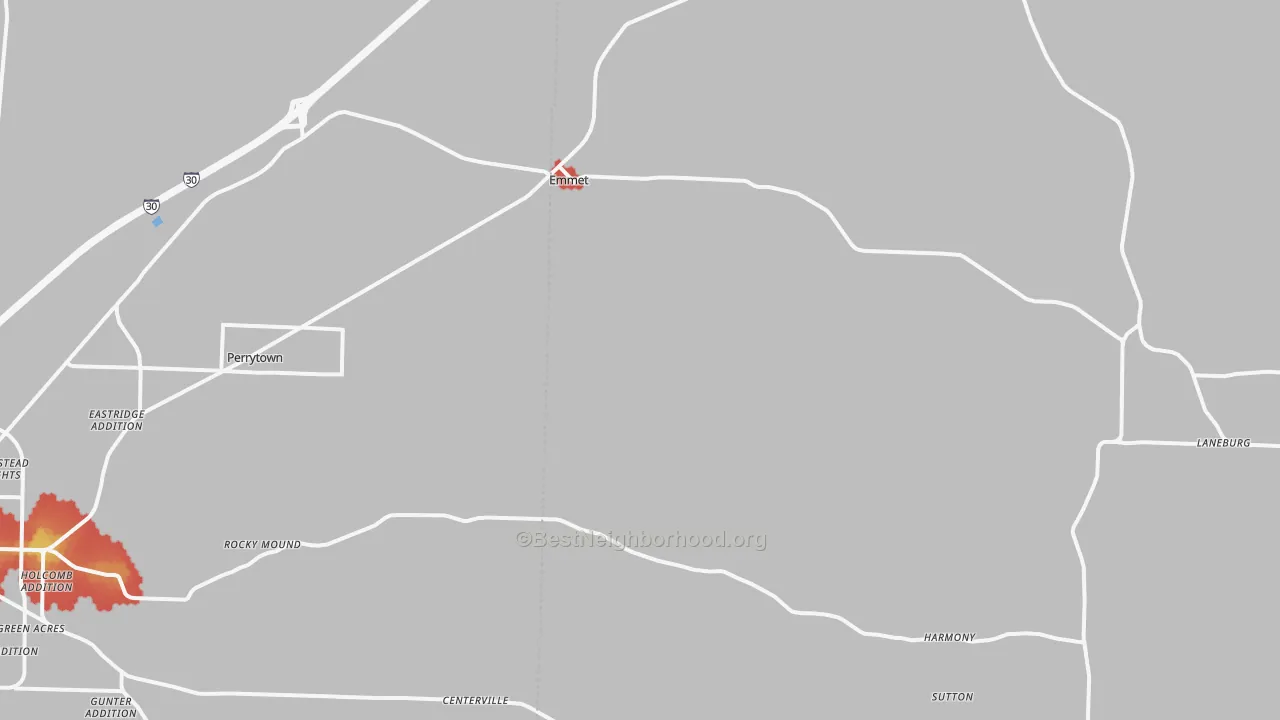 Walk Grade map of 71835, AR, walkable areas in green and car-dependent areas in red