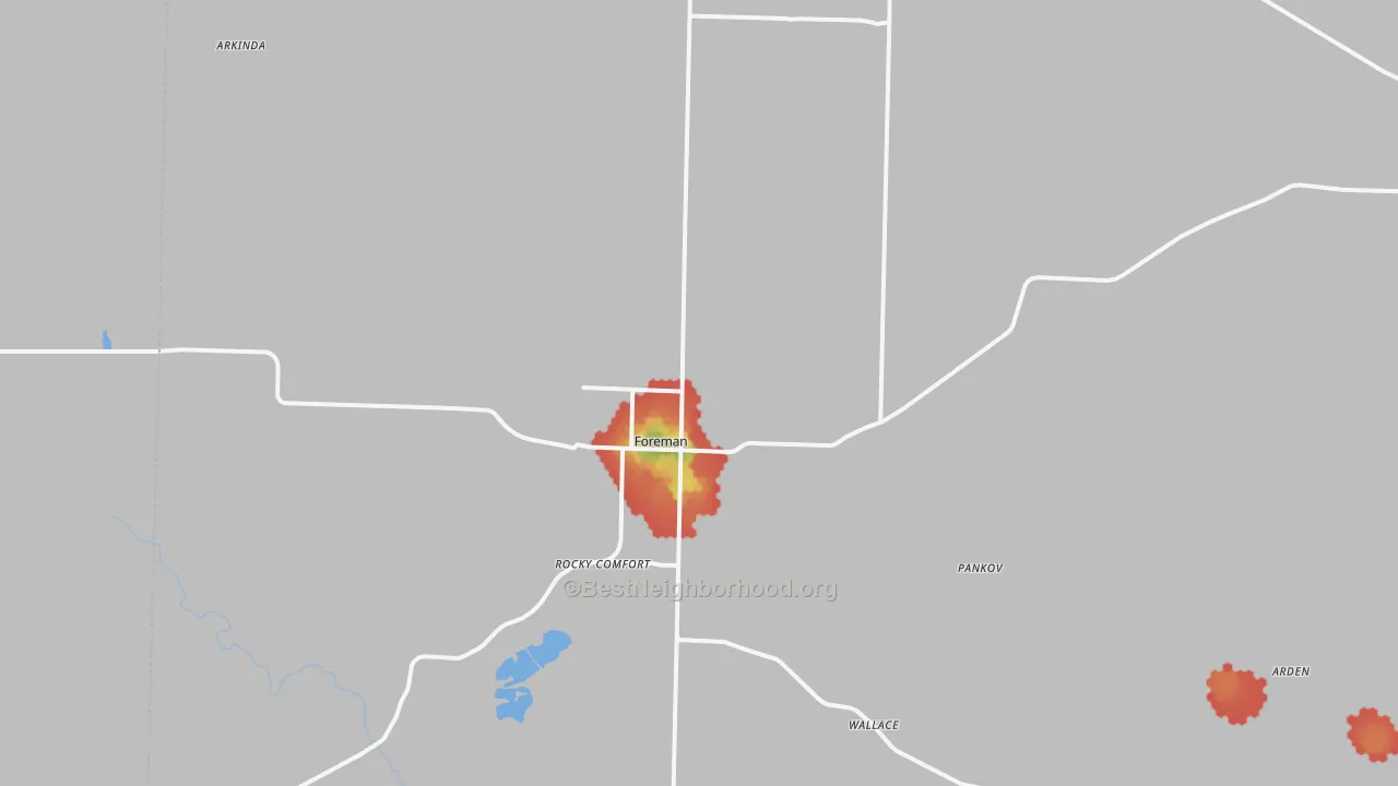 Walk Grade map of 71836, AR, walkable areas in green and car-dependent areas in red