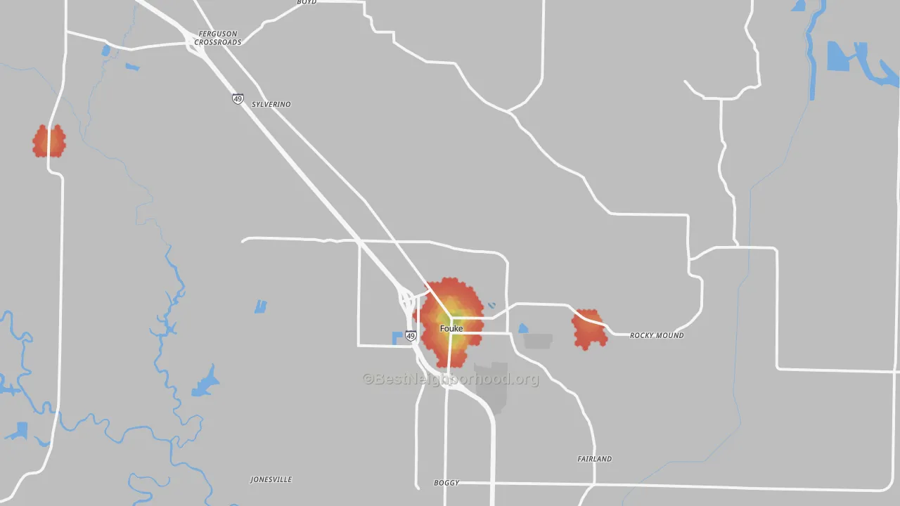 Walk Grade map of 71837, AR, walkable areas in green and car-dependent areas in red