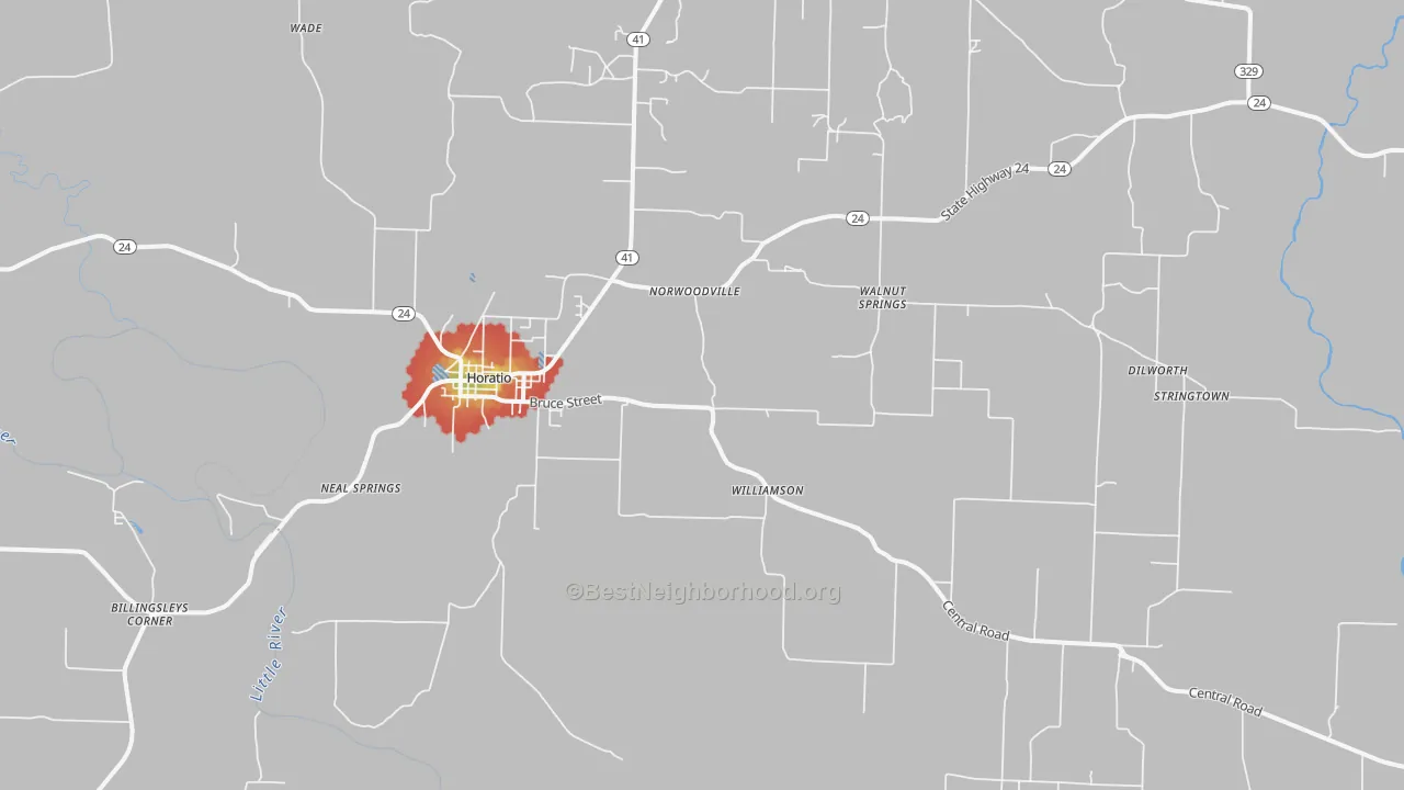 Walk Grade map of 71842, AR, walkable areas in green and car-dependent areas in red