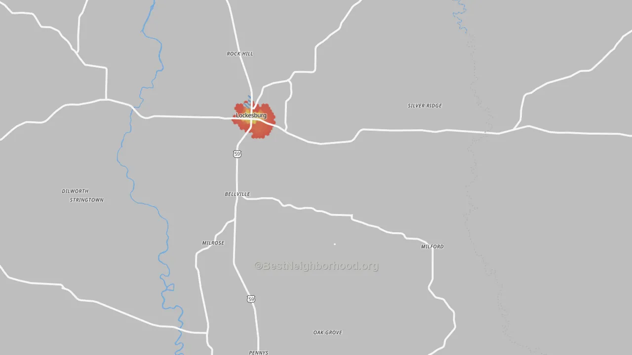 Walk Grade map of 71846, AR, walkable areas in green and car-dependent areas in red