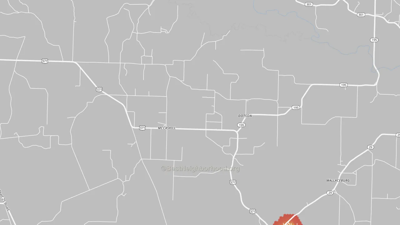 Walk Grade map of 71847, AR, walkable areas in green and car-dependent areas in red