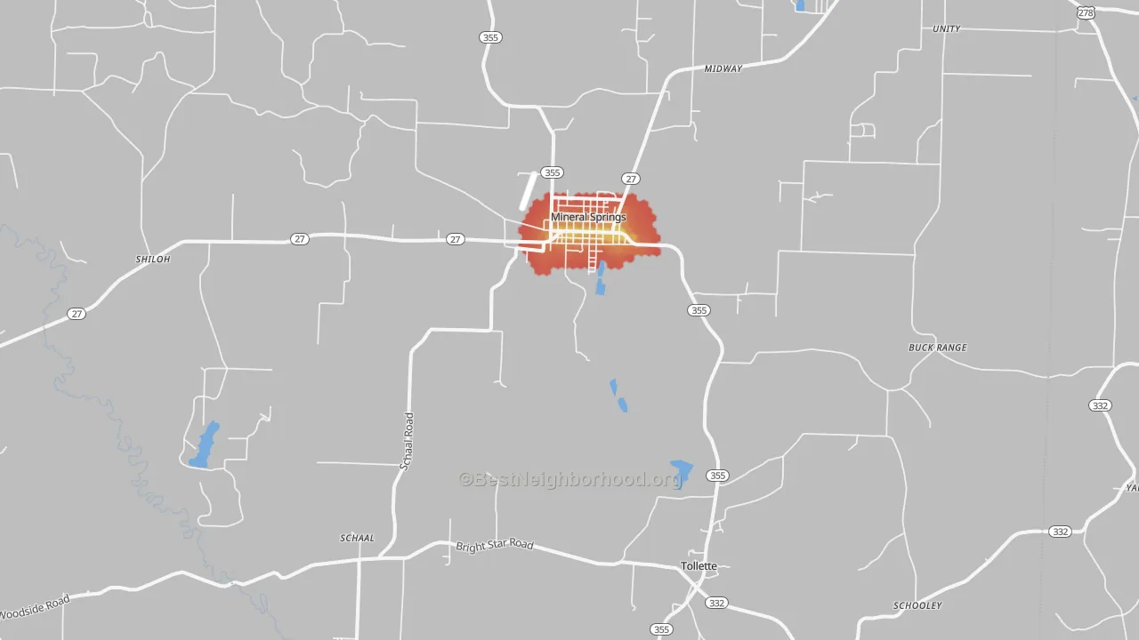 Walk Grade map of 71851, AR, walkable areas in green and car-dependent areas in red