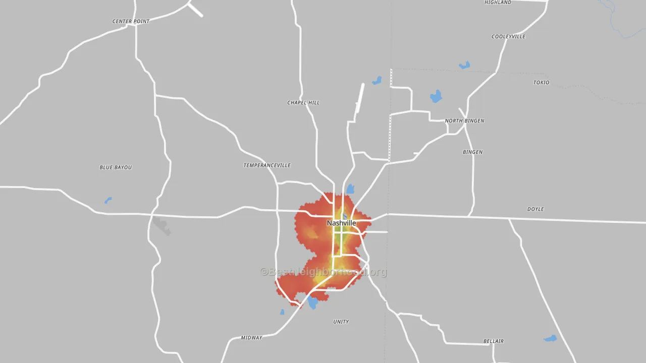 Walk Grade map of 71852, AR, walkable areas in green and car-dependent areas in red
